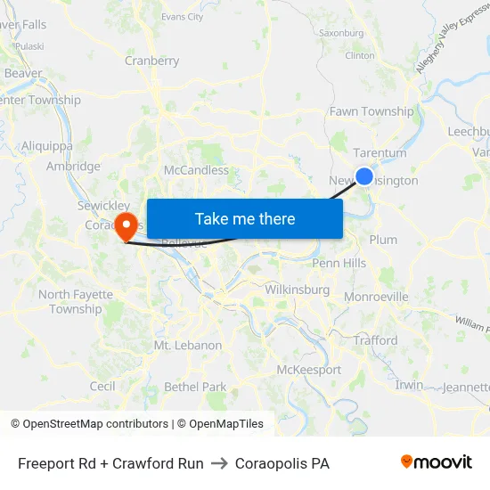 Freeport Rd + Crawford Run to Coraopolis PA map