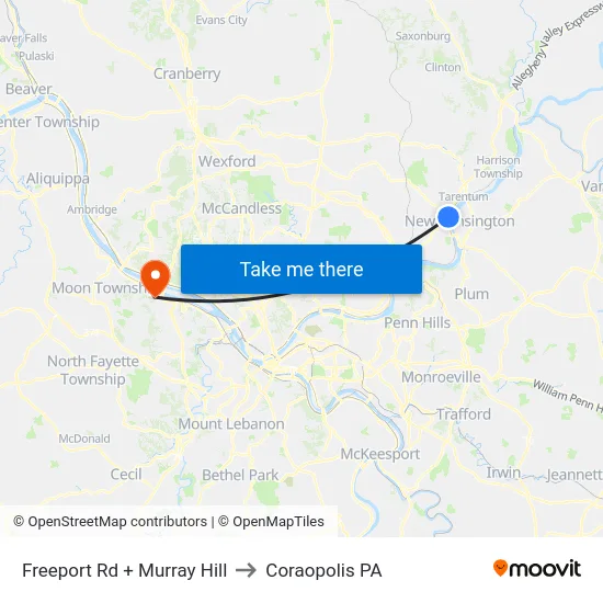 Freeport Rd + Murray Hill to Coraopolis PA map