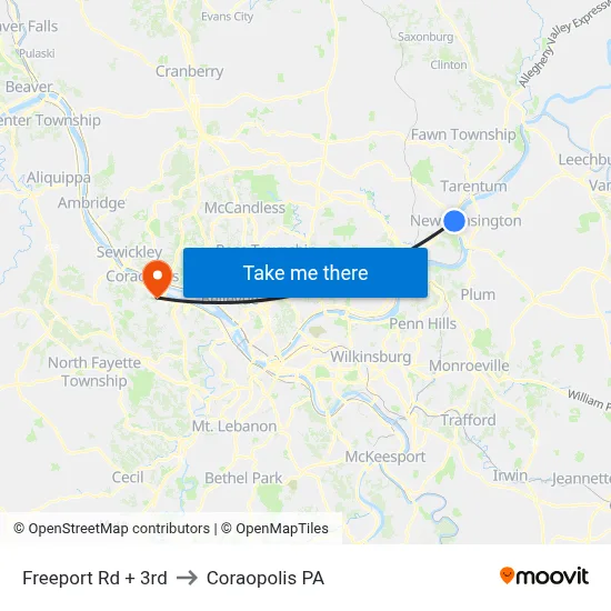 Freeport Rd + 3rd to Coraopolis PA map