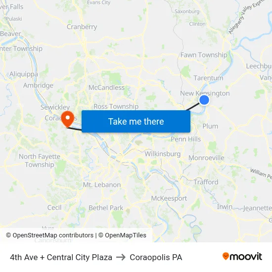4th Ave + Central City Plaza to Coraopolis PA map