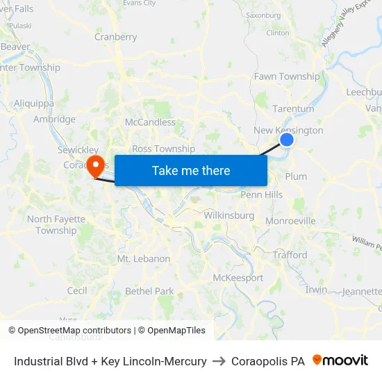 Industrial Blvd + Key Lincoln-Mercury to Coraopolis PA map