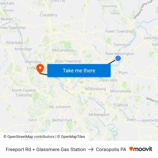 Freeport Rd + Glassmere Gas Station to Coraopolis PA map
