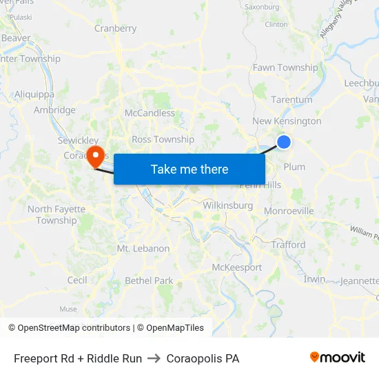 Freeport Rd + Riddle Run to Coraopolis PA map