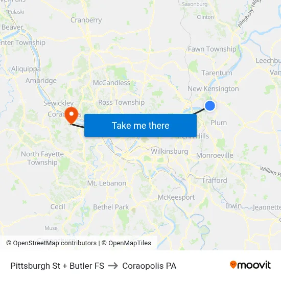 Pittsburgh St + Butler FS to Coraopolis PA map