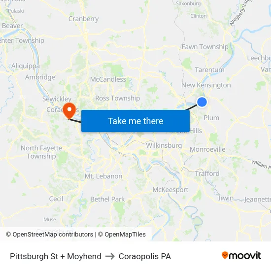 Pittsburgh St + Moyhend to Coraopolis PA map