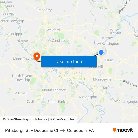 Pittsburgh St + Duquesne Ct to Coraopolis PA map