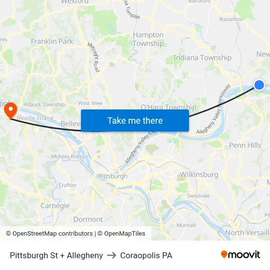 Pittsburgh St + Allegheny to Coraopolis PA map