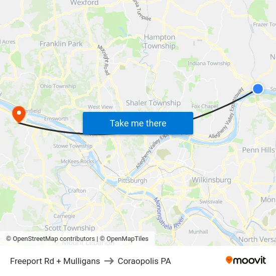 Freeport Rd + Mulligans to Coraopolis PA map