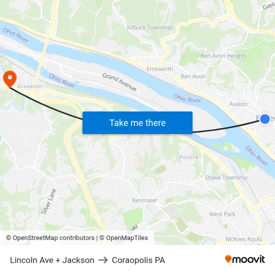 Lincoln Ave + Jackson to Coraopolis PA map