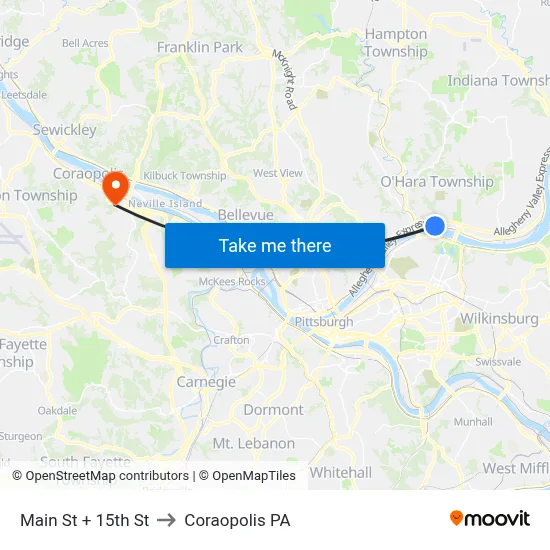 Main St + 15th St to Coraopolis PA map