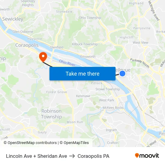 Lincoln Ave + Sheridan Ave to Coraopolis PA map