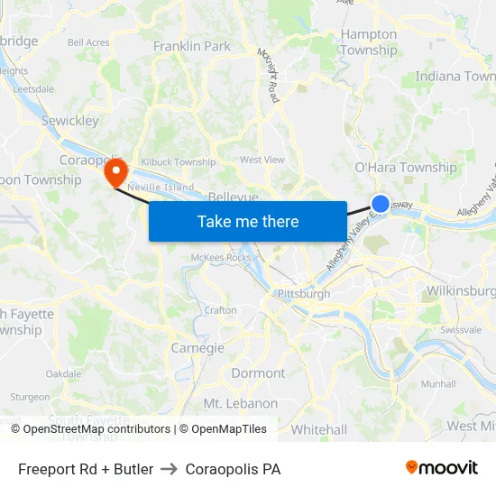 Freeport Rd + Butler to Coraopolis PA map