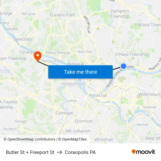 Butler St + Freeport St to Coraopolis PA map