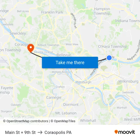 Main St + 9th St to Coraopolis PA map