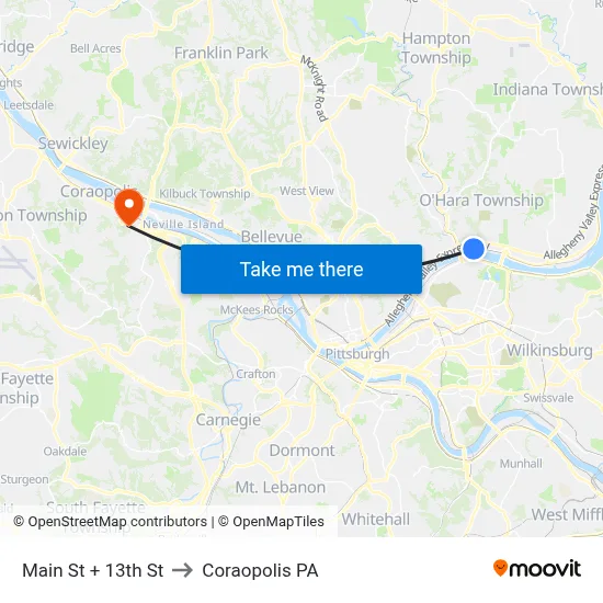 Main St + 13th St to Coraopolis PA map