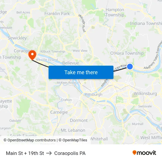 Main St + 19th St to Coraopolis PA map