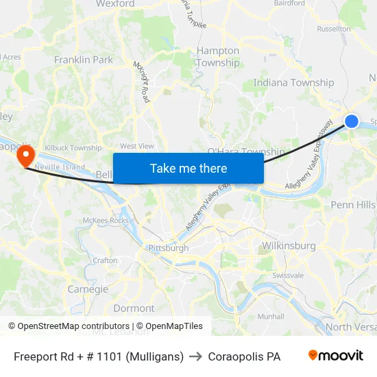 Freeport Rd + # 1101 (Mulligans) to Coraopolis PA map