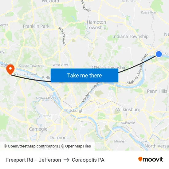 Freeport Rd + Jefferson to Coraopolis PA map
