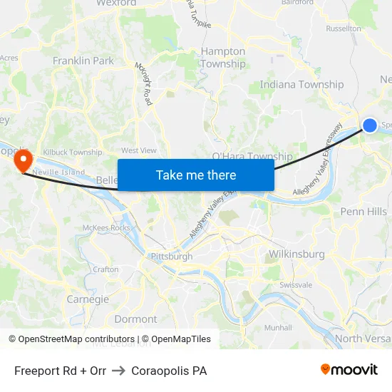 Freeport Rd + Orr to Coraopolis PA map