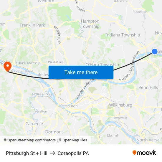 Pittsburgh St + Hill to Coraopolis PA map