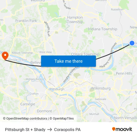 Pittsburgh St + Shady to Coraopolis PA map