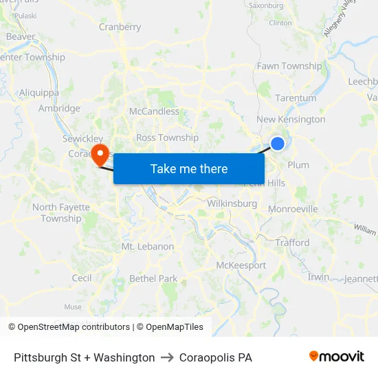 Pittsburgh St + Washington to Coraopolis PA map