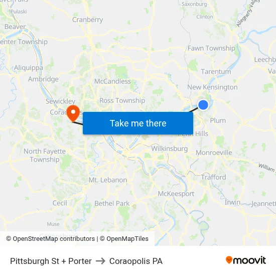 Pittsburgh St + Porter to Coraopolis PA map
