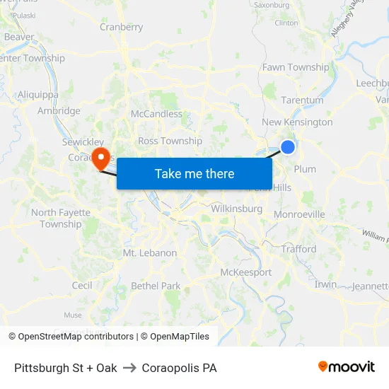 Pittsburgh St + Oak to Coraopolis PA map