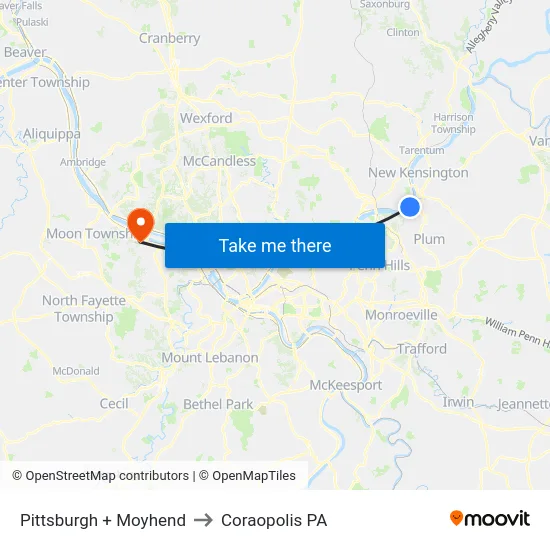 Pittsburgh + Moyhend to Coraopolis PA map