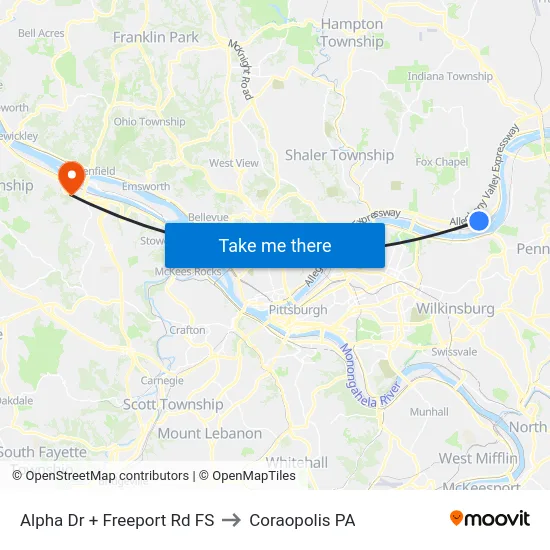 Alpha Dr + Freeport Rd FS to Coraopolis PA map