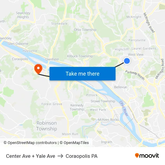 Center Ave + Yale Ave to Coraopolis PA map