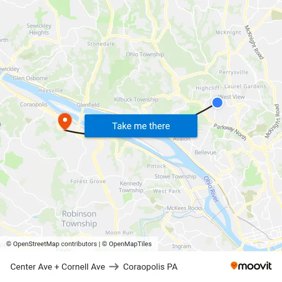 Center Ave + Cornell Ave to Coraopolis PA map