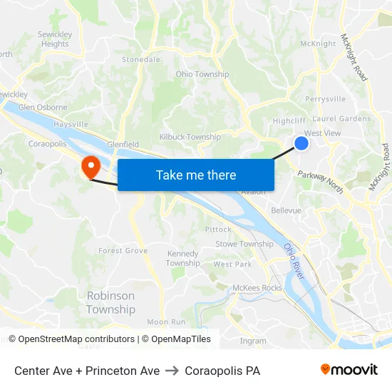 Center Ave + Princeton Ave to Coraopolis PA map