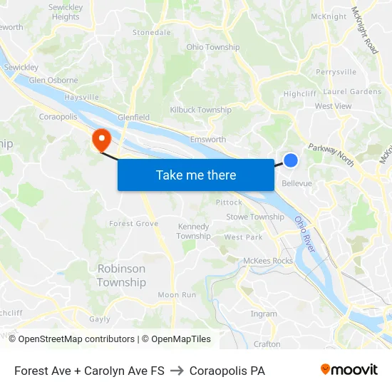 Forest Ave + Carolyn Ave FS to Coraopolis PA map