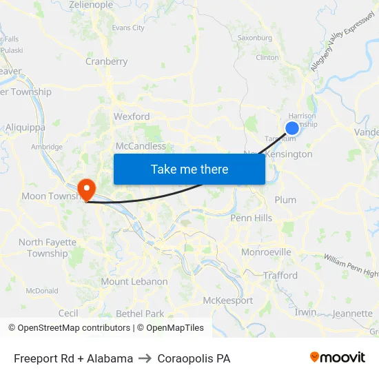 Freeport Rd + Alabama to Coraopolis PA map