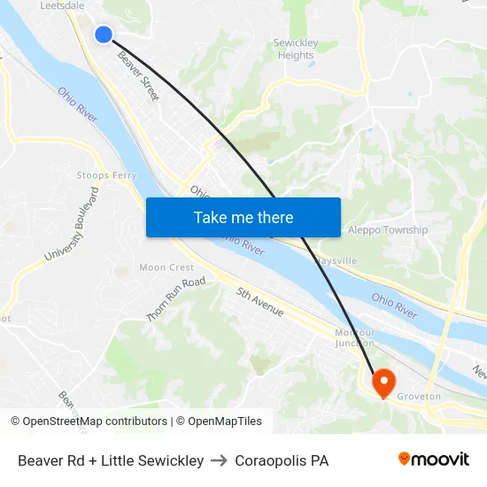 Beaver Rd + Little Sewickley to Coraopolis PA map