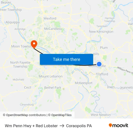 Wm Penn Hwy + Red Lobster to Coraopolis PA map