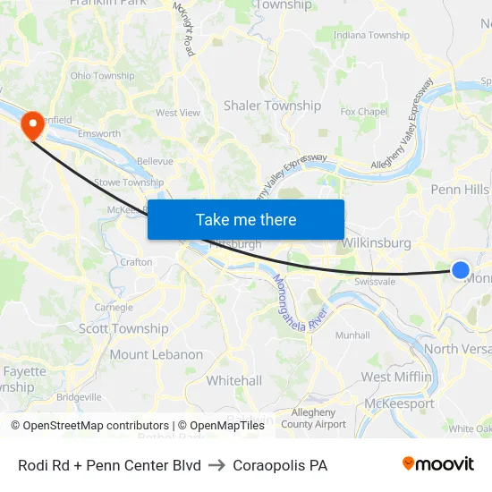 Rodi Rd + Penn Center Blvd to Coraopolis PA map
