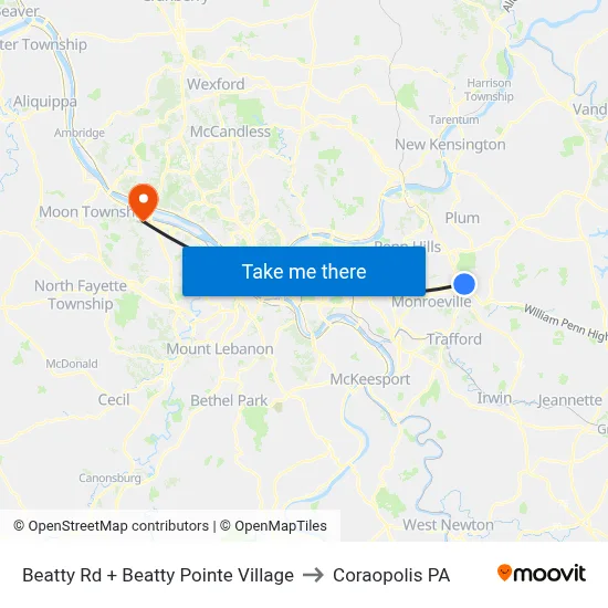 Beatty Rd + Beatty Pointe Village to Coraopolis PA map