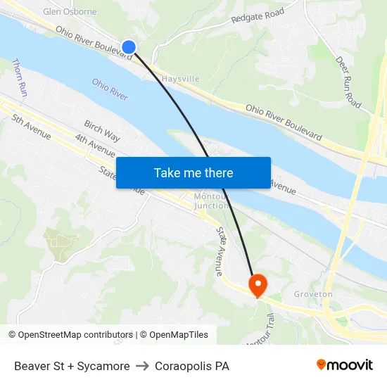 Beaver St + Sycamore to Coraopolis PA map