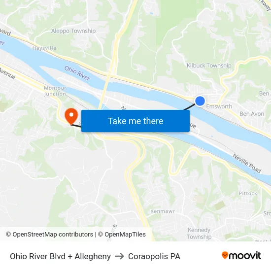 Ohio River Blvd + Allegheny to Coraopolis PA map