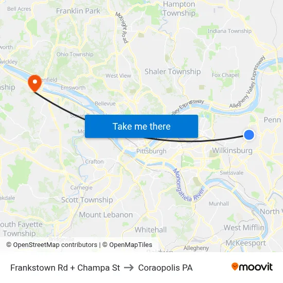 Frankstown Rd + Champa St to Coraopolis PA map