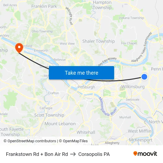 Frankstown Rd + Bon Air Rd to Coraopolis PA map