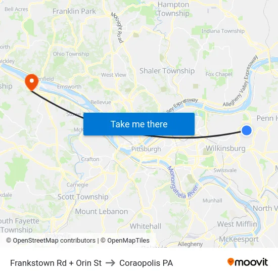 Frankstown Rd + Orin St to Coraopolis PA map