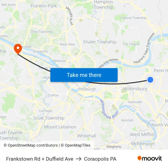 Frankstown Rd + Duffield Ave to Coraopolis PA map