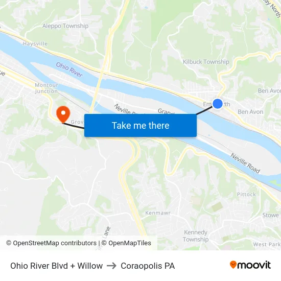 Ohio River Blvd + Willow to Coraopolis PA map