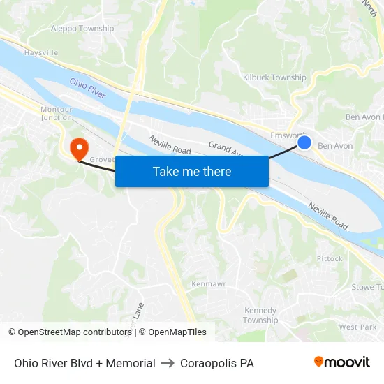 Ohio River Blvd + Memorial to Coraopolis PA map