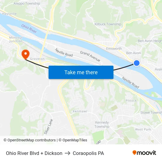 Ohio River Blvd + Dickson to Coraopolis PA map