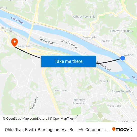 Ohio River Blvd + Birmingham Ave Bridge to Coraopolis PA map