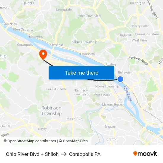 Ohio River Blvd + Shiloh to Coraopolis PA map